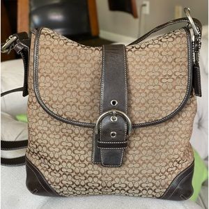 Coach Purse Crossbody Bag Brown Leather Light Fabric Canvas K3M-6376 Authentic
